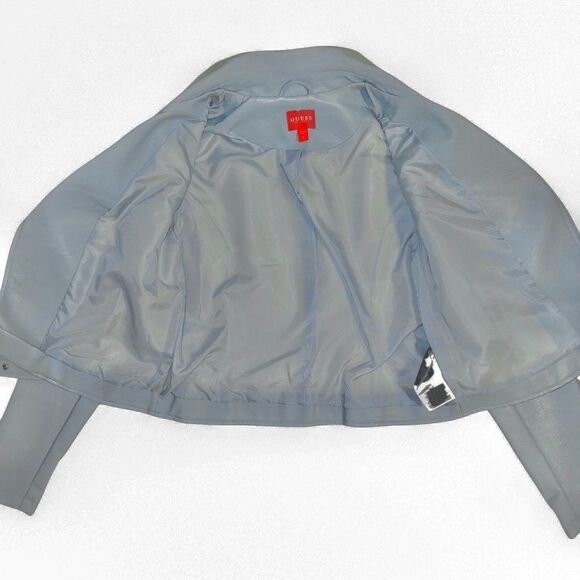 Medium GUESS Baby Blue Scarlett Faux Leatherette double breasted Moto Jacket - Picture 11 of 11